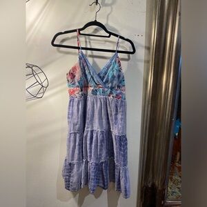 OOAK Upcycled beaded top Floral and Striped Spaghetti Strap Dress